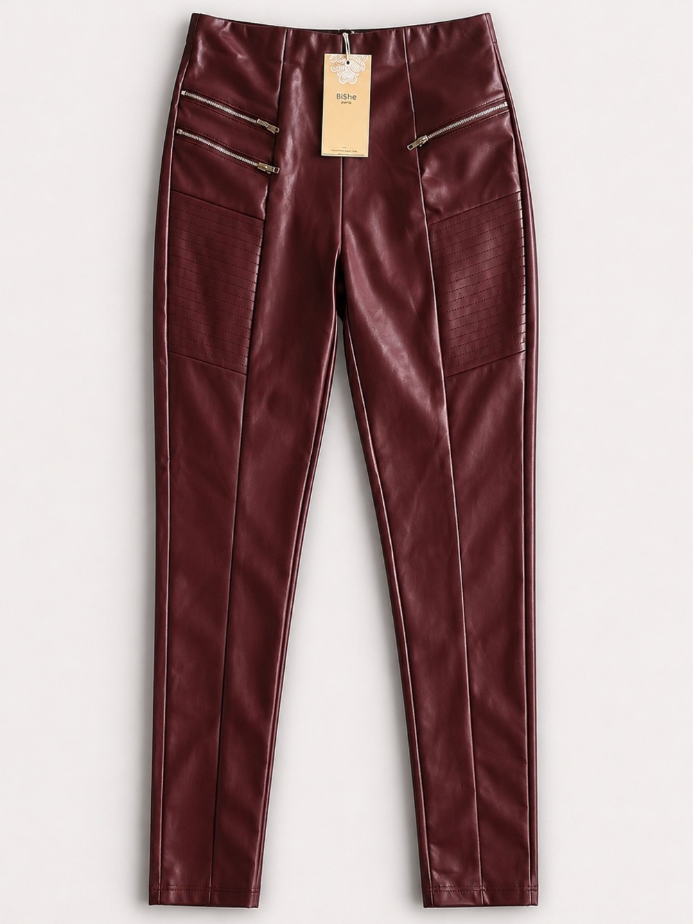 BISHE Wine Faux Leather Moto Leggings